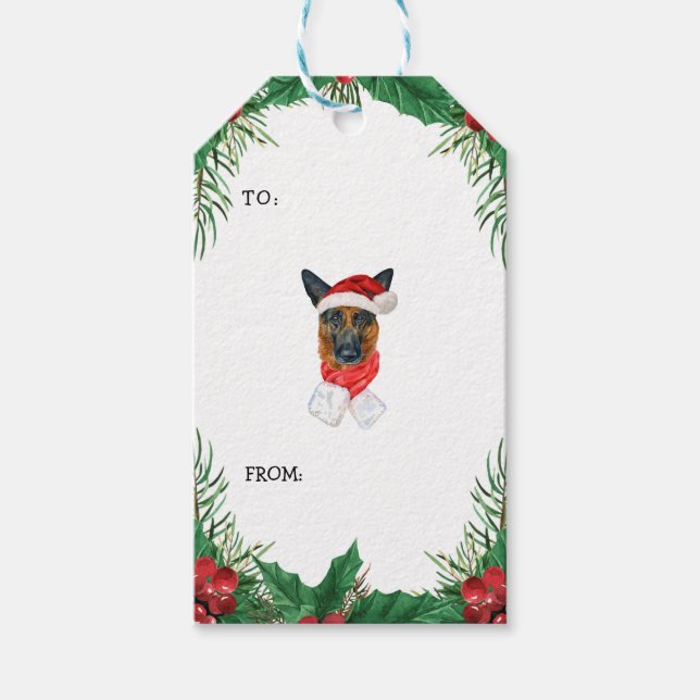 Tysk Shepherd Tallgrenar Grönska Jul  Presentetikett (Framsidan)