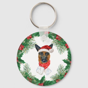 Tysk Shepherd Vattenfärg Jul Tallgrenar Nyckelring