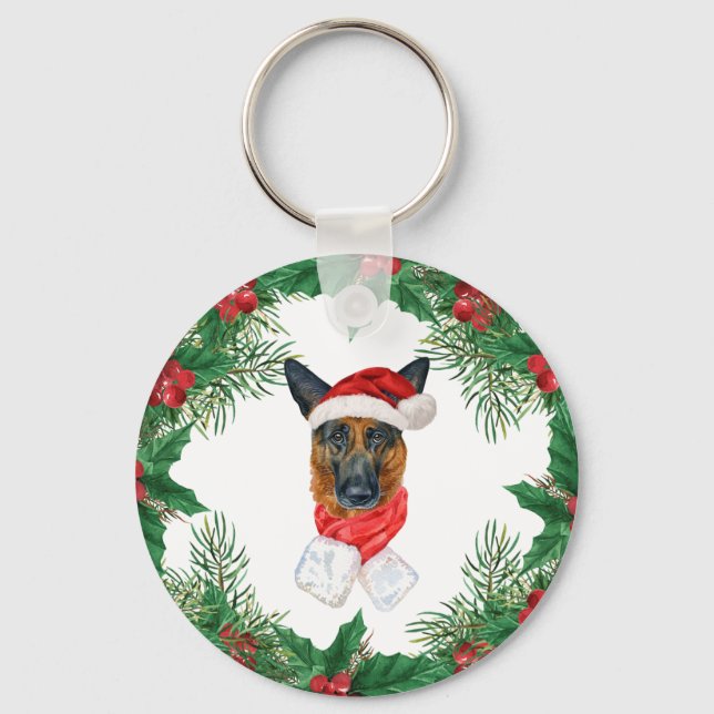 Tysk Shepherd Vattenfärg Jul Tallgrenar Nyckelring (Framsida)
