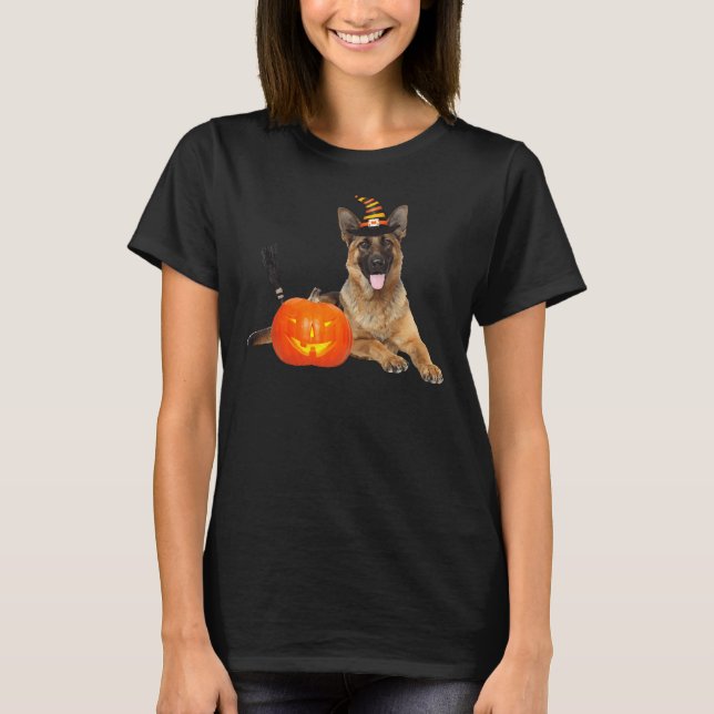 Tysk Shepherd Witch Hat Halloween Hund Costume T Shirt (Framsida)