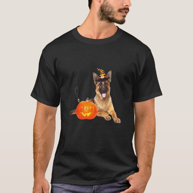 Tysk Shepherd Witch Hat Halloween Hund Costume T Shirt (Framsida)