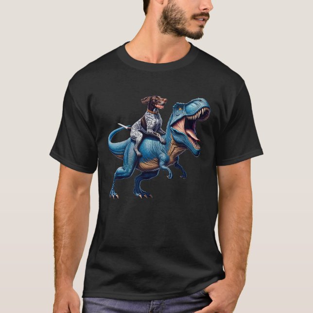 Tysk Shorthar Pointer Riding Dinosaur Funny T Shirt (Framsida)