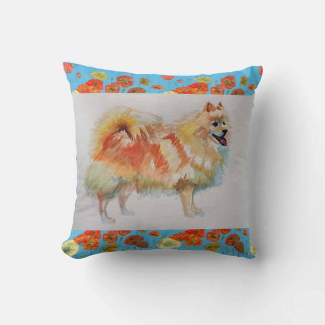 Tysk Spets Pomeranian Akvarell Husdjur Hund Kudd Kudde (Framsida)