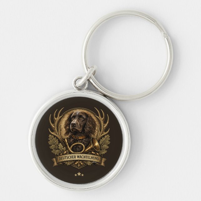 Tysk Vaktelhund , Jakt Logo Rund Silverfärgad Nyckelring (Framsidan)