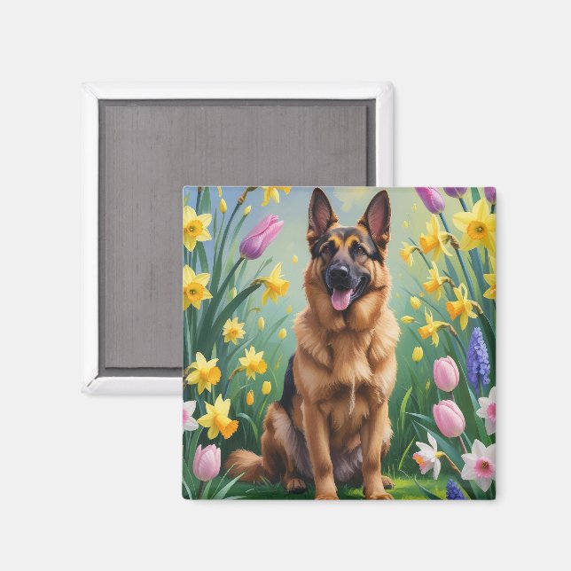 Tysk Vår blommor Shepherd Hund Painting Magnet (Front/Back)