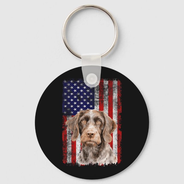Tysk Wirehaired Pointer Hund Älskare USA Flagga 4  Nyckelring (Framsida)