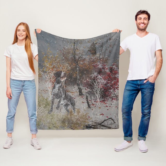 Tysk Wirehved-pekare med träkuk på vintern Fleecefilt (På plats)