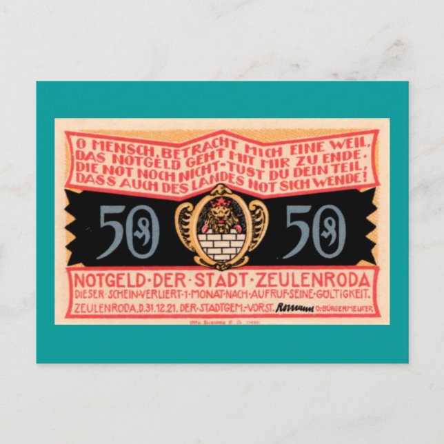 Tyska 1921 ’Zeulenroda’ 50 Pfennig Note Postcard Vykort (Framsida)