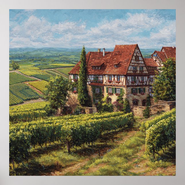 Tyska Fachwerk House & Sunny Vineyards Poster (Framsidan)