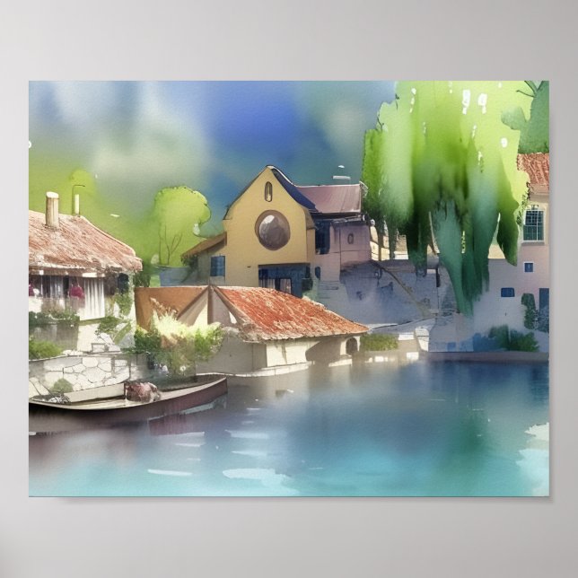 Tyska floden Village Watercolor Poster (Framsidan)