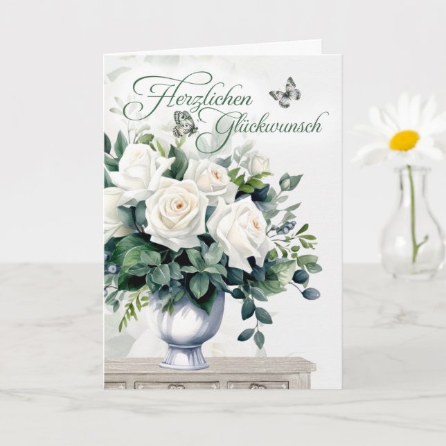 Tyska Grattis Vita Rosor och Fjärilar Kort (Liten växt)