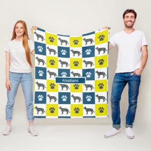 Tyska Gulten Shepherd Hund & Paw Print Grid Fleecefilt