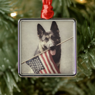 Tyska herde med amerikanska Flagga Julgransprydnad Metall
