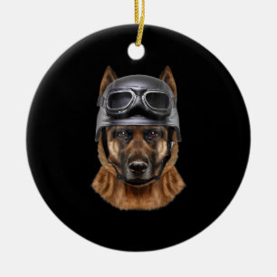 Tyska herdedjur, Hund, Biker i motorcykel Helmet Julgransprydnad Keramik