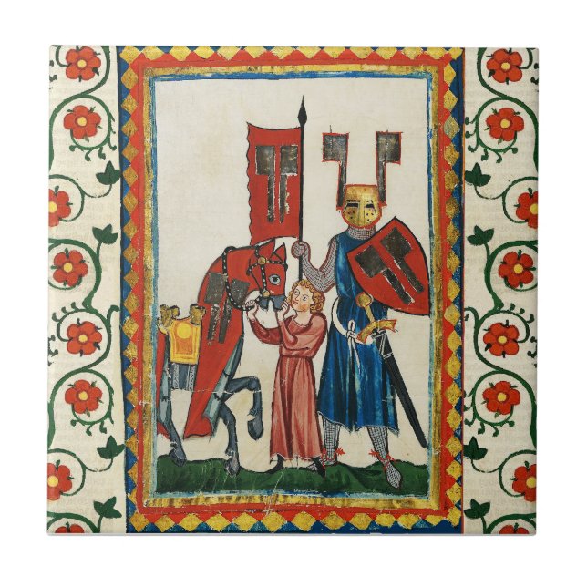 TYSKA POET SOM TEUTONIC KNIGHT MEDIEVAL MINIATUR KAKELPLATTA (Framsidan)