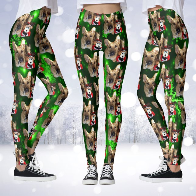 Tyska shefherd, Leksak Reindeer, Grönt Snöflingor Leggings (German Shepherd, Toy Reindeer, Green Snowflakes Leggings)