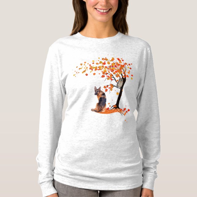 Tyska shefherd Uggla och Fall Träd Hundägare höste T Shirt (Framsida)