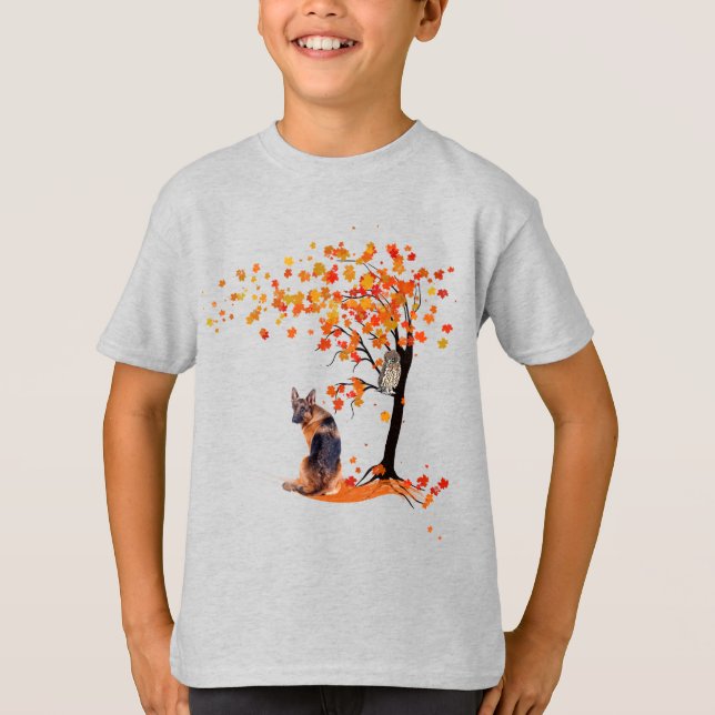 Tyska shefherd Uggla och Fall Träd Hundägare höste T Shirt (Framsida)