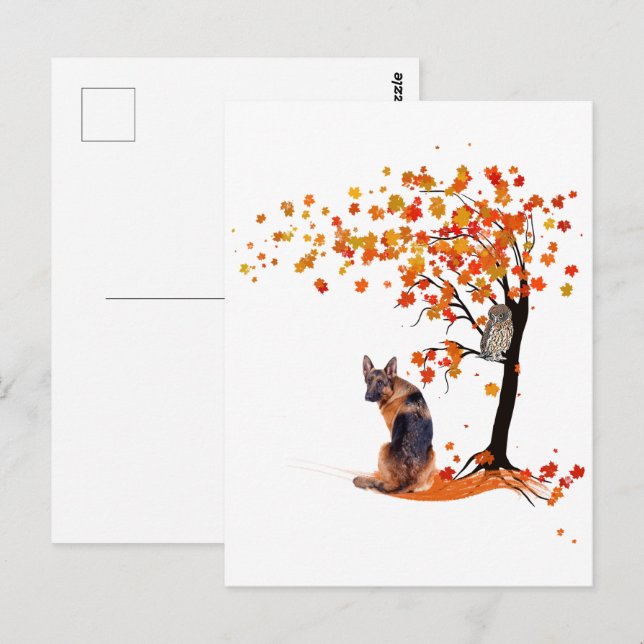 Tyska shefherd Uggla och Fall Träd Hundägare höste Vykort (Fram/baksida)