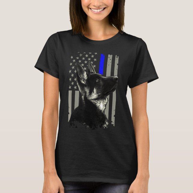 Tyska shefherd Unit Thin Blue Line Flagga polis T Shirt (Framsida)