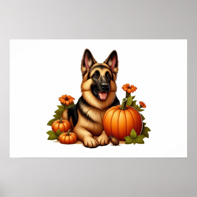 Tyska shefherderestaurering med pumpor och blommor poster (Framsidan)