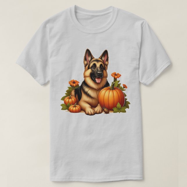 Tyska shefherderestaurering med pumpor och blommor t shirt (Design framsida)