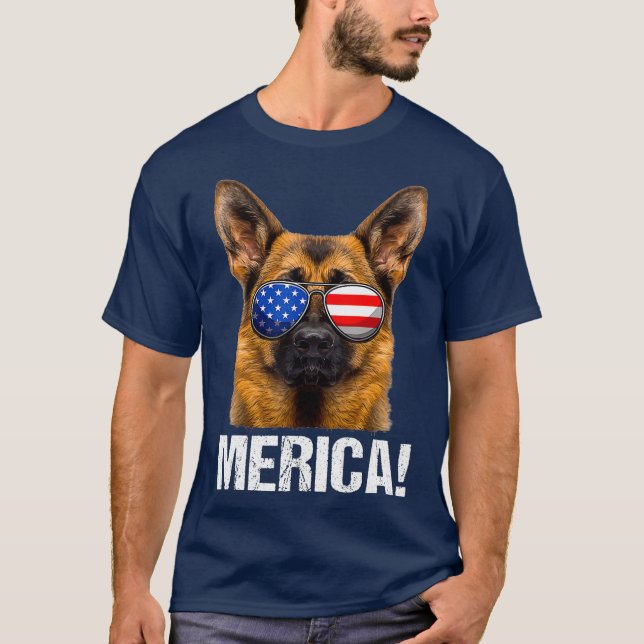 Tyska shepherd 4:e juli amerikanska Flagga Merica T Shirt (Framsida)