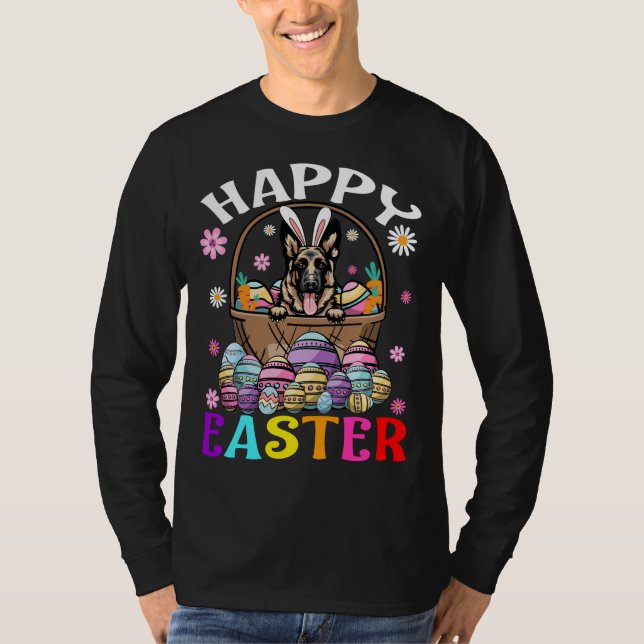Tyska shepherd Hund Glad påsk Bunny Eggs Påsk T Shirt (Framsida)