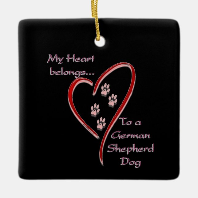 Tyska Shepherd Hund Heart-Tillhör Julgransprydnad Keramik (Framsida)