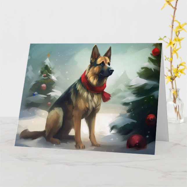 Tyska shepherd Hund i Snö-julen Kort (Gul blomma)