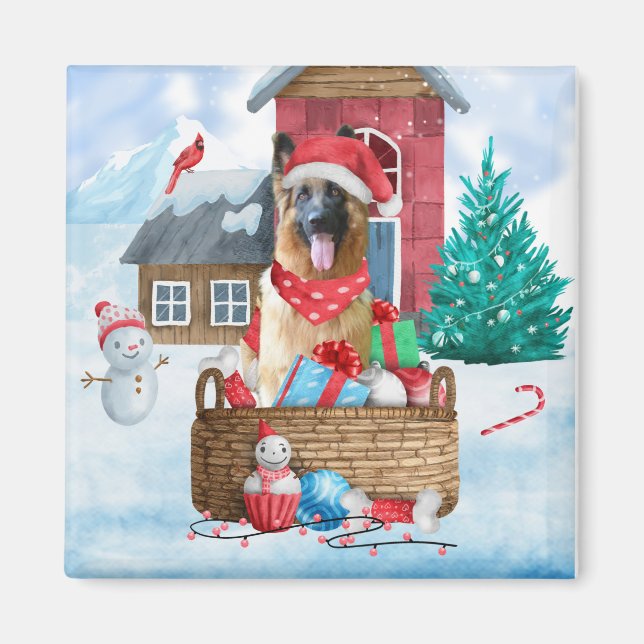 Tyska shepherd Hund i snö julhus Hund House Magnet (Framsidan)