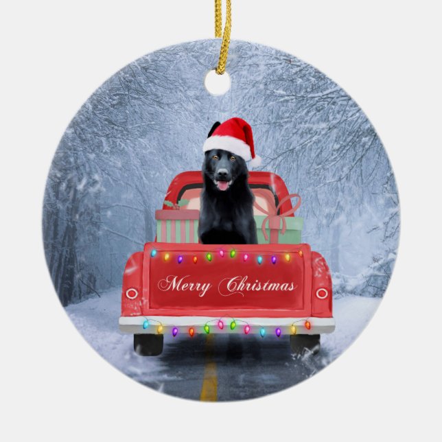 Tyska Shepherd Hund i Snö sitta under jul  Julgransprydnad Keramik (Framsidan)