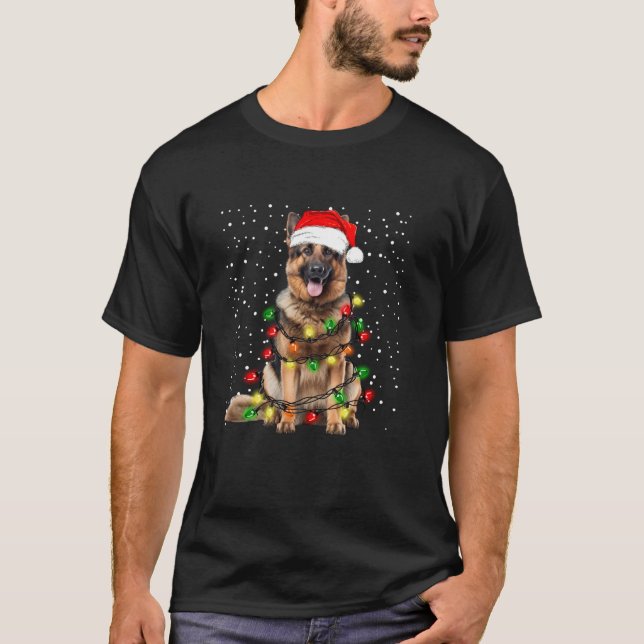 Tyska shepherd hund med sträng ljus för Christm T Shirt (Framsida)