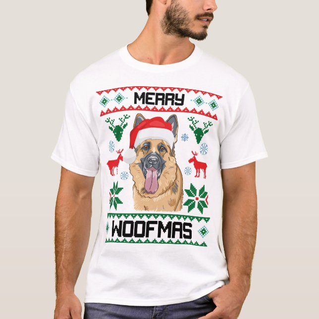 Tyska shepherd Hund Merry Woofmas julgåva T Shirt (Framsida)