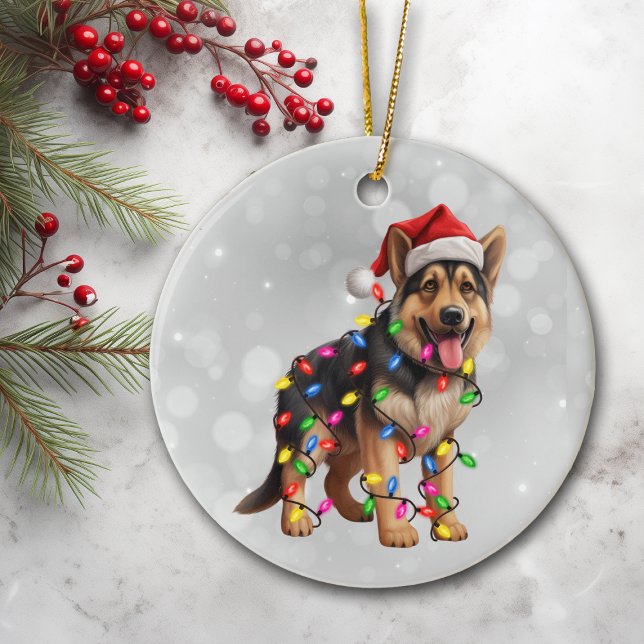 Tyska Shepherd Hund på jul Ljus Julgransprydnad Keramik (Skapare uppladdad)