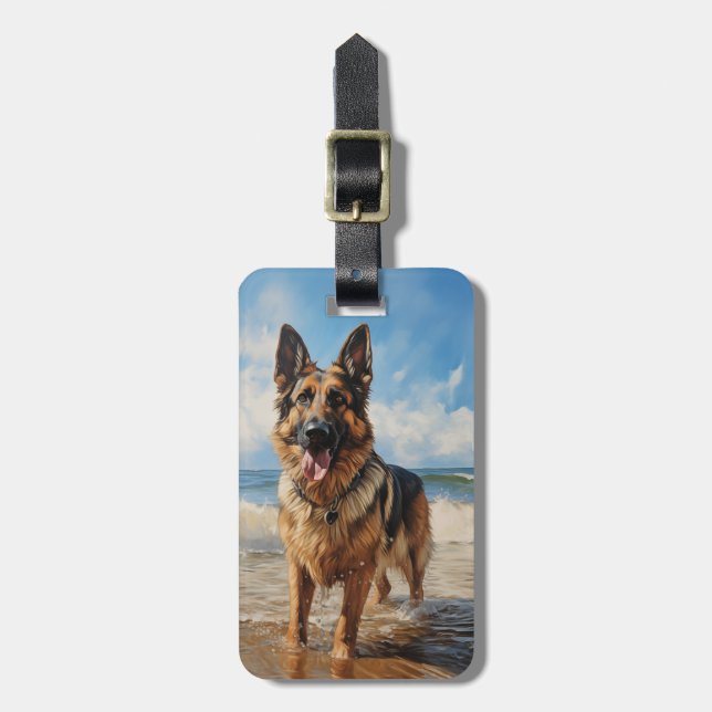 Tyska Shepherd-hund på stranden Bagagebricka (Vertikal Framsida)