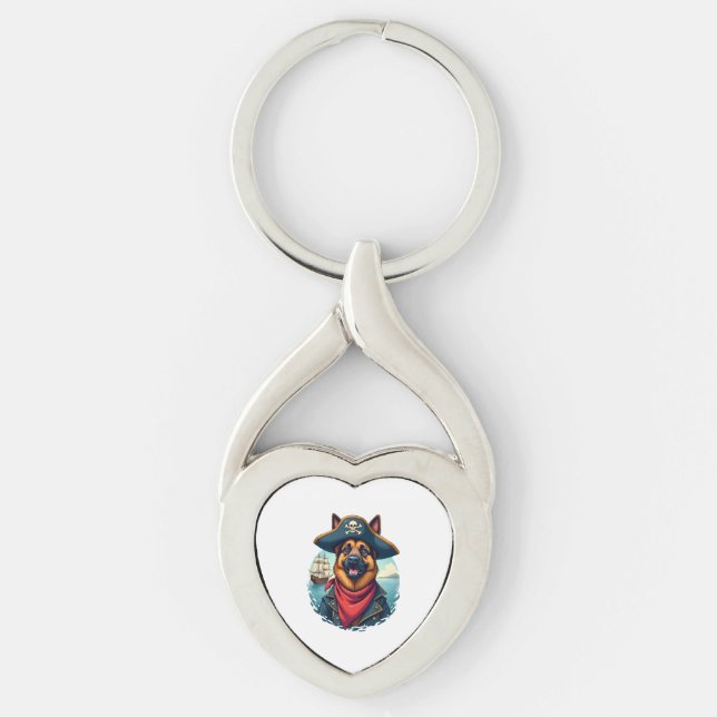 Tyska shepherd Hund Pirat Twisted Heart Silverfärgad Nyckelring (Framsidan)