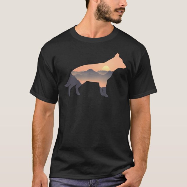 Tyska Shepherd Hund Silhouette Sol Mountain German T Shirt (Framsida)