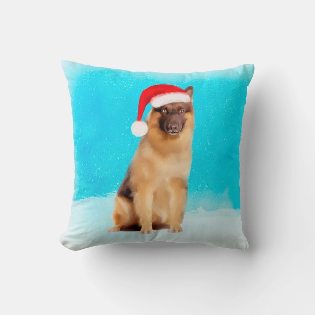 Tyska Shepherd Hund Sitta i Snö Santa Hat Kudde (Framsida)