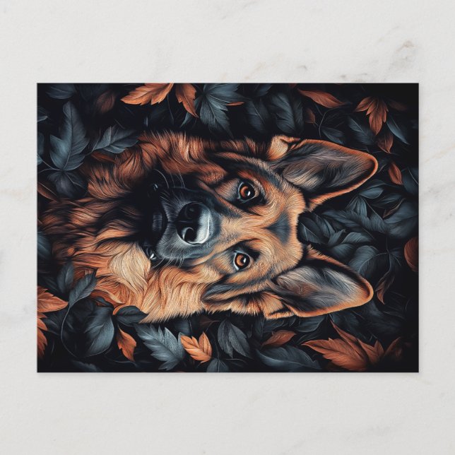 Tyska shepherd i Löv Vykort (Framsida)