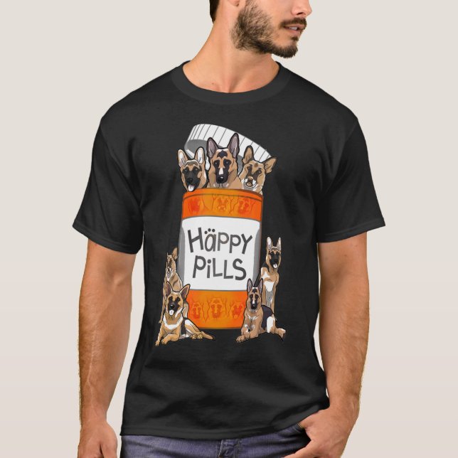 Tyska Shepherd Lycklig Pills T Shirt (Framsida)