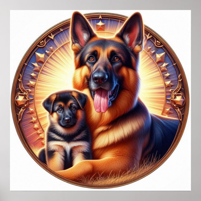 Tyska shepherd Mamma och Valp 02X Poster (Framsidan)