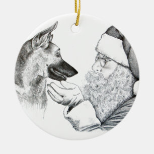 Tyska shepherd och Jultomten Julgransprydnad Keramik