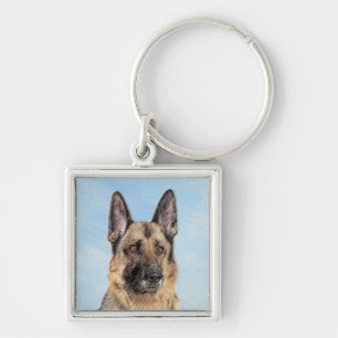Tyska shepherd Painting - Cute Original Hund Art Fyrkantig Silverfärgad Nyckelring
