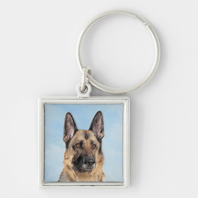 Tyska shepherd Painting - Cute Original Hund Art Fyrkantig Silverfärgad Nyckelring (Framsidan)