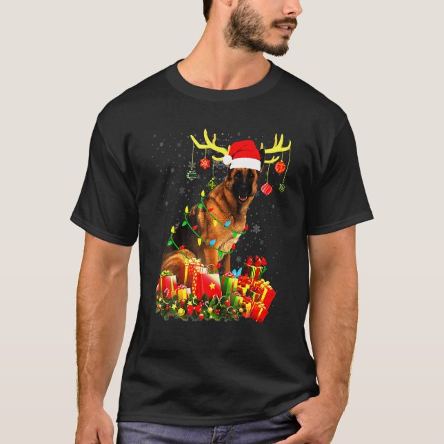 Tyska shepherd Reindeer Santa Hat-julljus T Shirt (Framsida)
