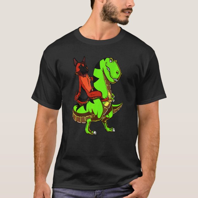 Tyska shepherd Riding Rex Dinosaur Kids Boys T Shirt (Framsida)