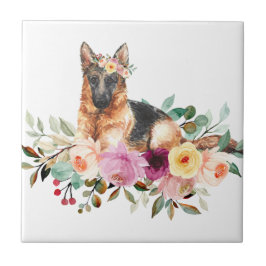 Tyska shepherd Spela i Blommor Ceramic Tiles Kakelplatta