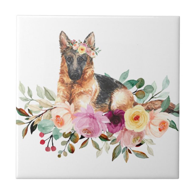 Tyska shepherd Spela i Blommor Ceramic Tiles Kakelplatta (Framsidan)