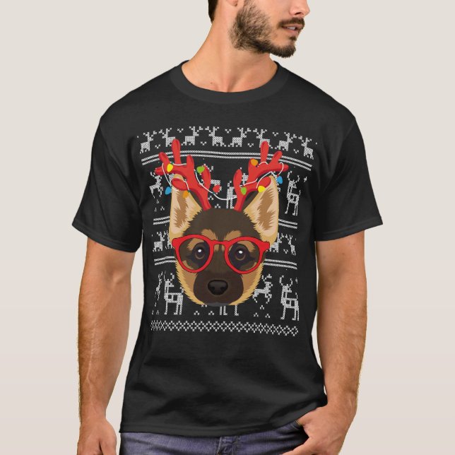 Tyska shepherd Ugly jul Sweater Reindeer Xm T Shirt (Framsida)